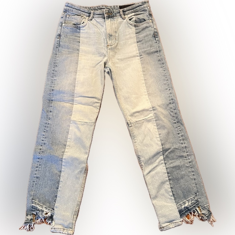 AllSaints Kim Two-Tone Light and Medium Wash Patchwork Ankle Jeans